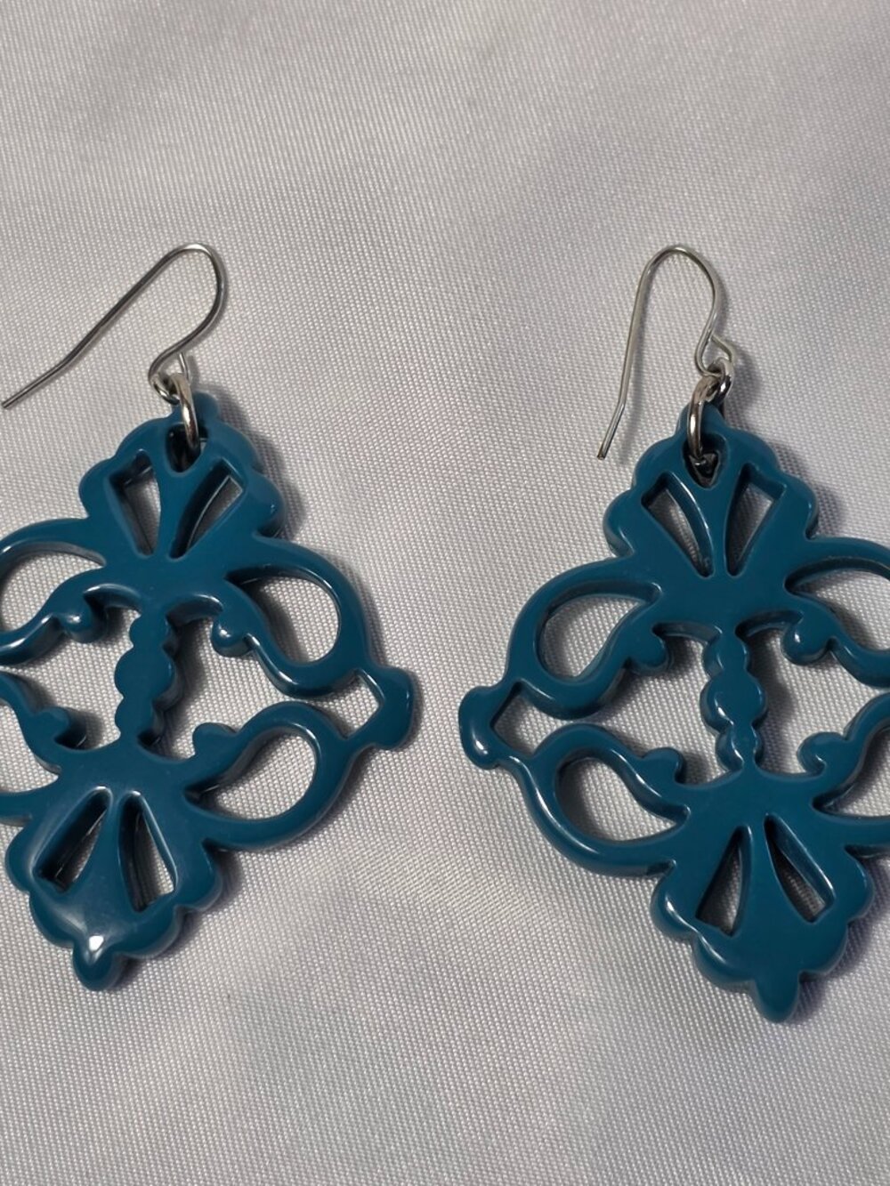 Teal Blue Baroque Style Earrings Filigree Pattern in Diamond Silhouette